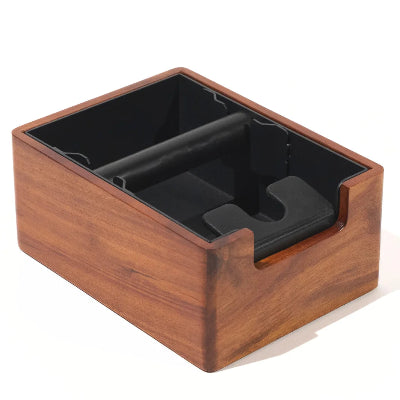 Wooden desk organizer with black interior on a white background