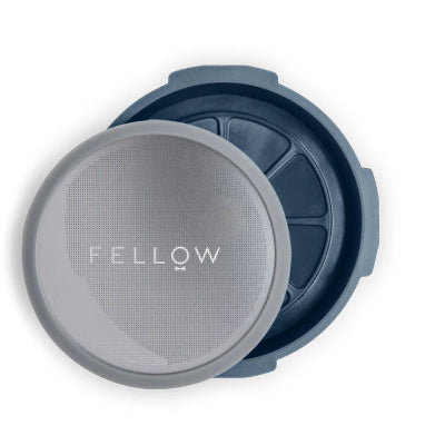 A close-up of a Fellow brand insulated container lid, showing a textured gray outer lid with the brand name 'FELLOW' printed in white, and a dark navy blue inner container visible behind it, on a clean white background.
