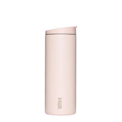 Pink thermos bottle with 'MiiR' branding on a white background