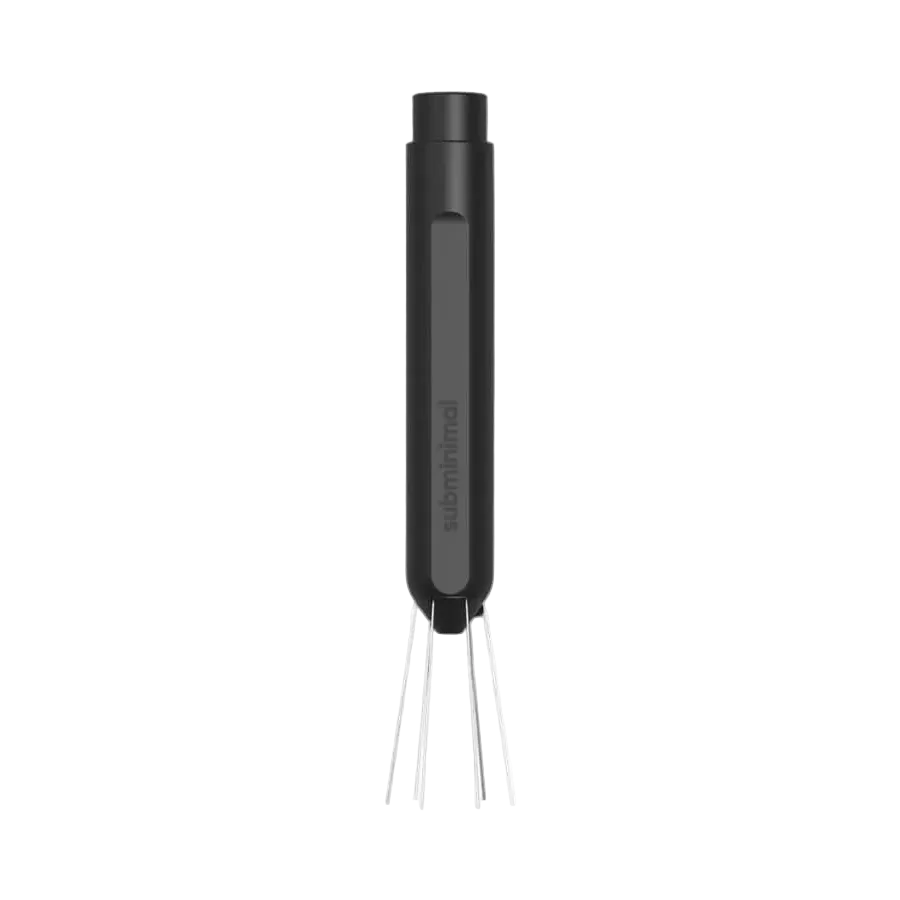 A dark gray handheld electric whisk with four metal prongs, shown vertically against a plain white background.