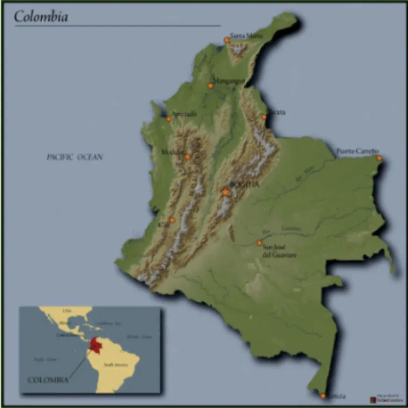 Map of Colombia with cities marked on a light blue background