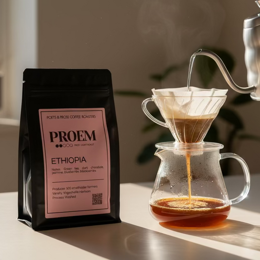 Coffee bag with pink label on a neutral background