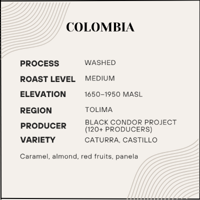 Coffee label detailing Colombia's coffee information with process, roast level, elevation, region, producer, and variety.