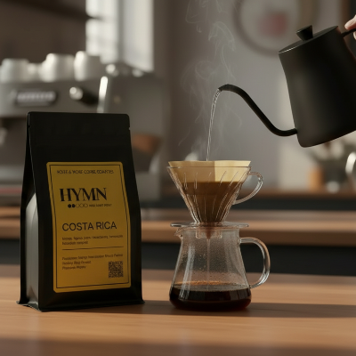 Coffee being poured from a kettle into a coffee filter with a Hymn Costa Rica coffee bag on a wooden surface.