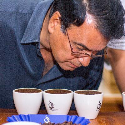 Person examining three coffee cups with a logo on a wooden table