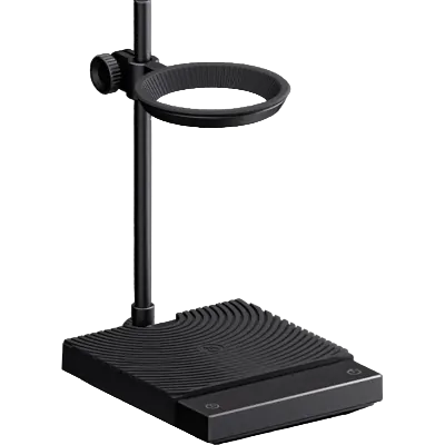 Black stand with adjustable ring on a white background
