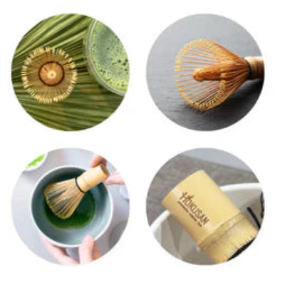 Bamboo whisk with wooden handle and green leaves in the background