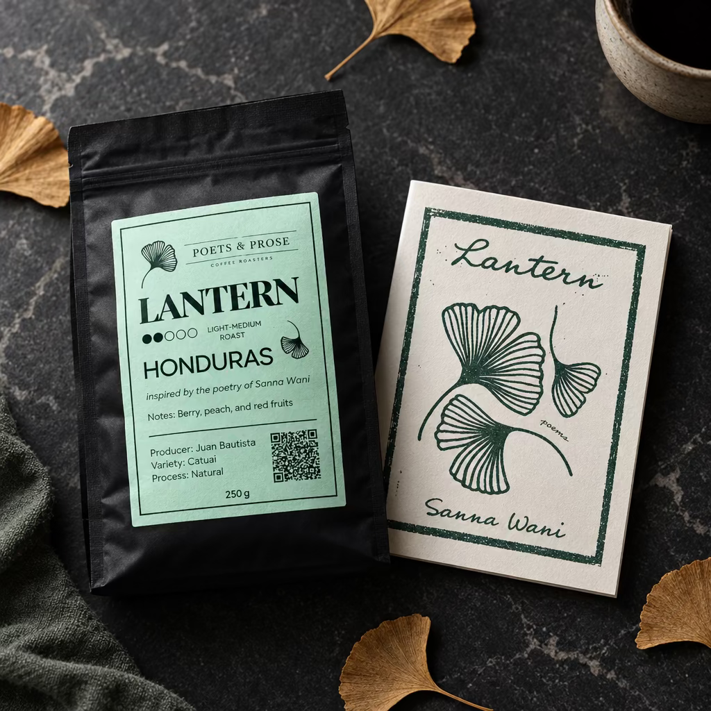 A black coffee bag and a cream-colored card packaging for 'Lantern Sanna Wani' coffee from 'Poets & Prose', styled on a dark textured surface with scattered autumn leaves.