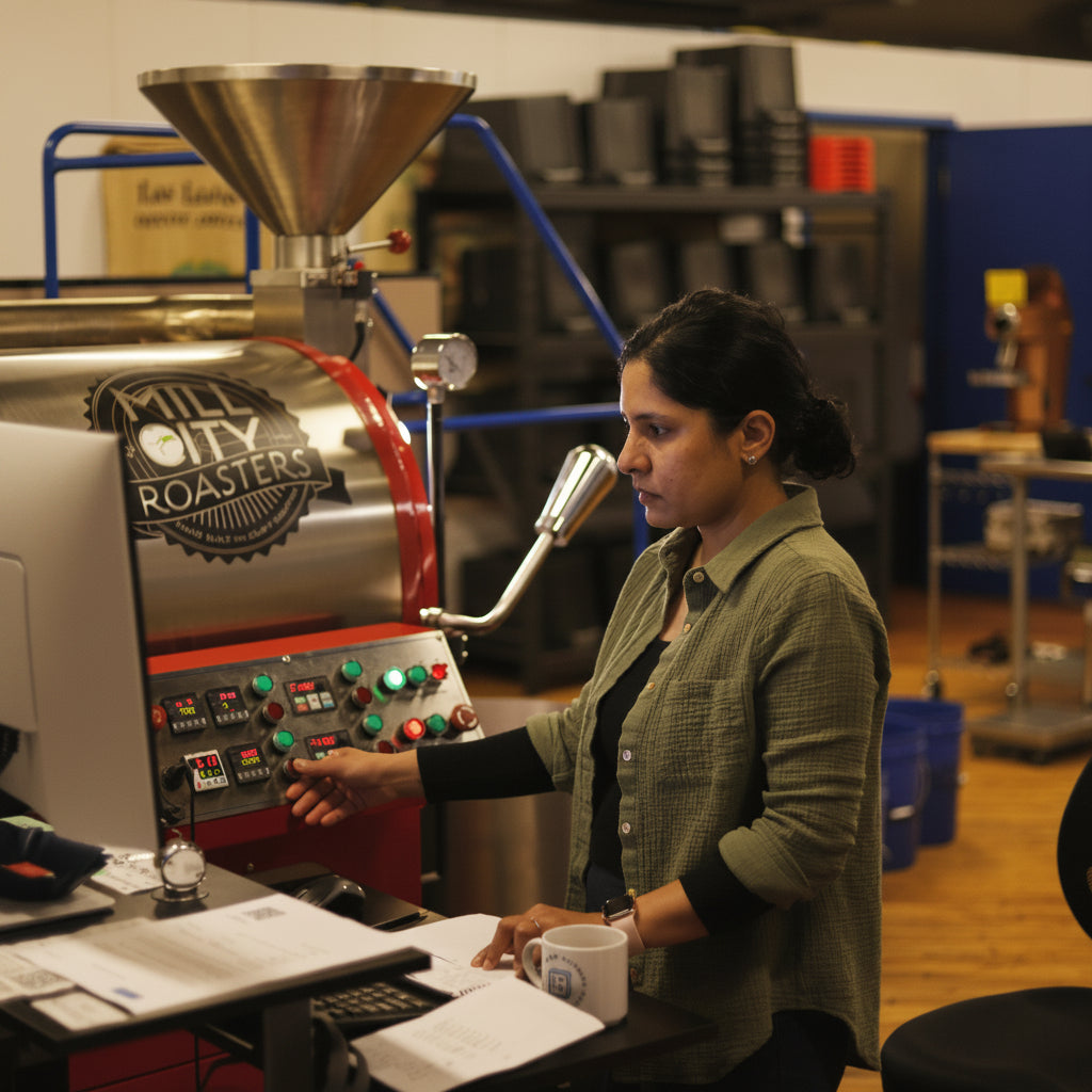Woman standing next to a coffee roasting machine in a warehouse setting