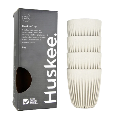 HuskeeCup packaging with white coffee cups on a light gray background