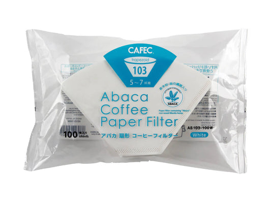 A package of 100 white Abaca coffee paper filters by CAFEC, shown in its clear plastic packaging with blue and white printed labels.
