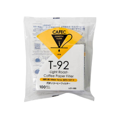 A package of Cafec T-92 Light Roast Coffee Paper Filter, 100 count, in a clear plastic bag with a white and yellow label.