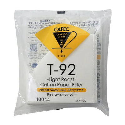 A package of 100 Cafec T-92 Light Roast Coffee Paper Filters, showing the white filter sheets inside a clear plastic bag with a yellow and black label.