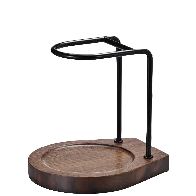Wooden tray with black metal stand on a white background
