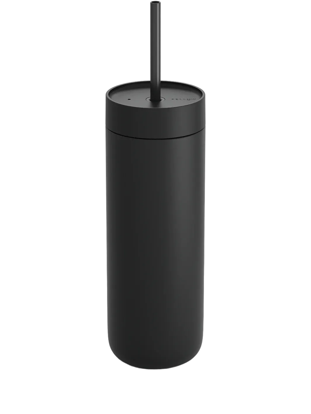 Black tumbler with a straw on a white background