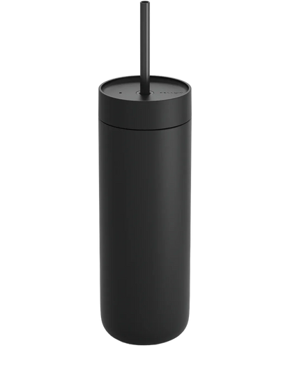 Black tumbler with a straw on a white background