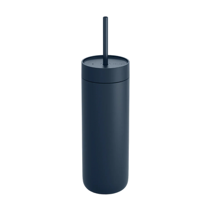 Black tumbler with a straw on a white background