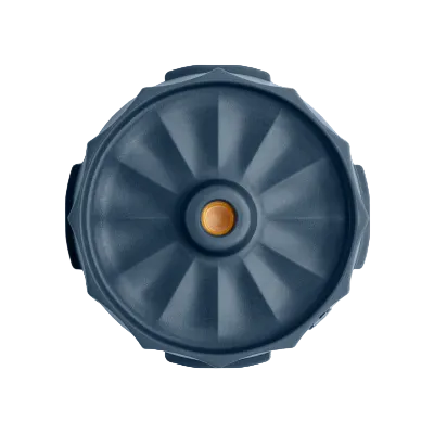 A top-down view of a dark slate blue circular lid with a textured radial pattern and a small orange accent in the center, set against a plain white background.