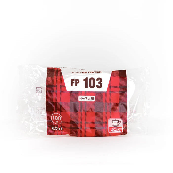 Red and white coffee filter package with 'FP 103' on a white background