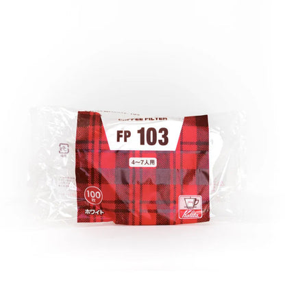 Red and white coffee filter package with 'FP 103' on a white background