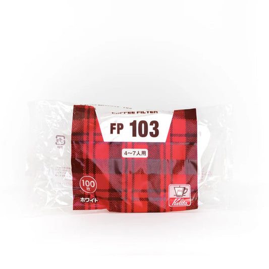 Red and white coffee filter package with 'FP 103' on a white background