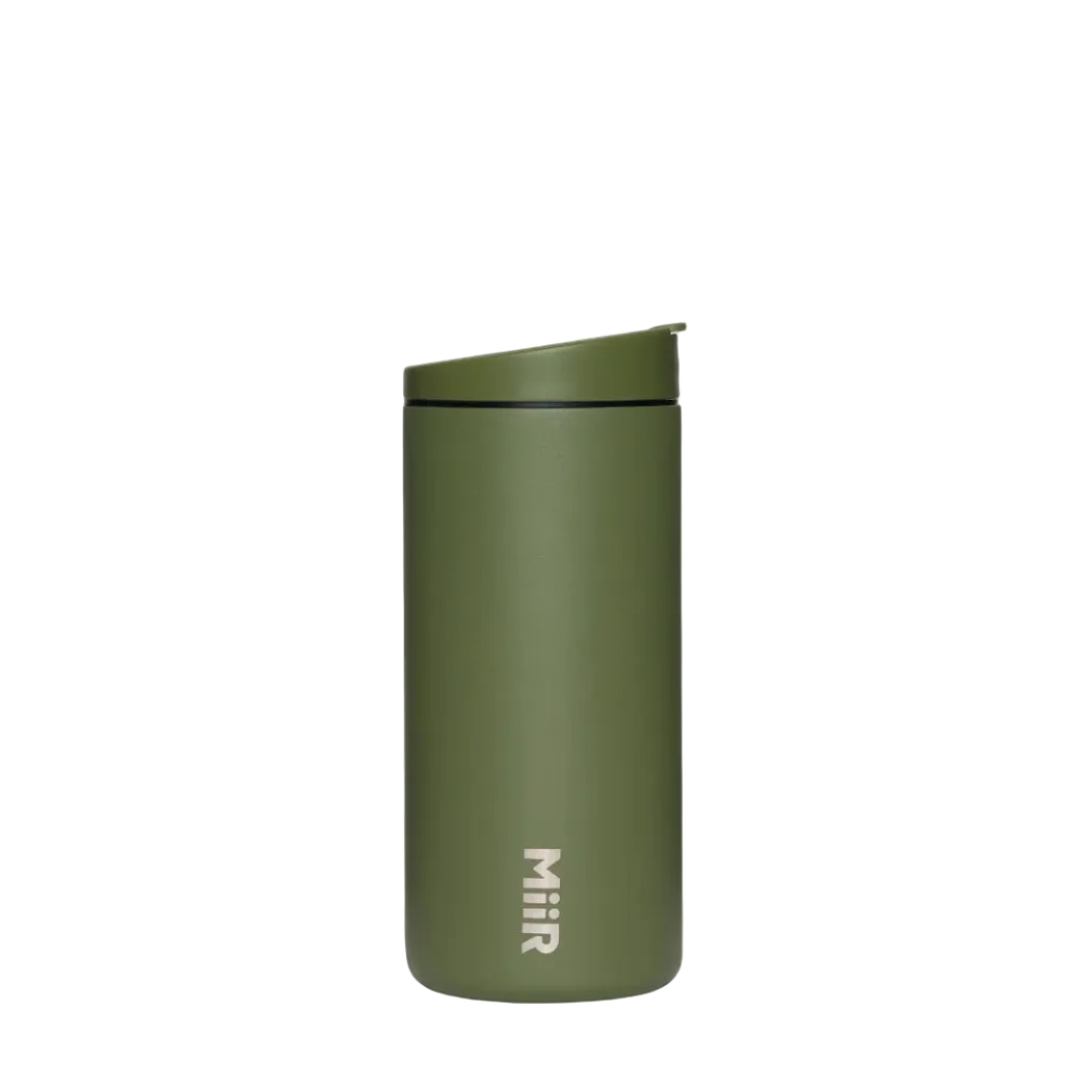 Green thermos with 'MiiR' branding on a white background