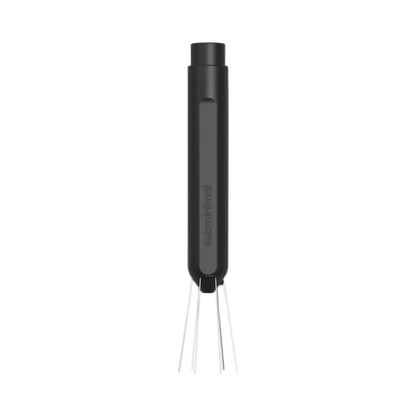 A dark gray handheld electric whisk with four metal prongs, shown vertically against a plain white background.