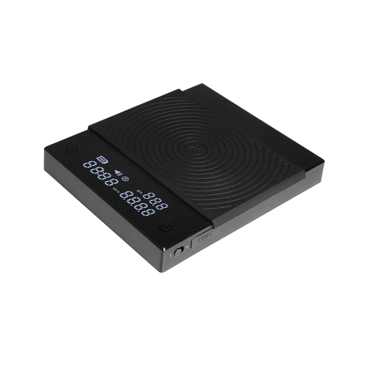 Black electronic device with digital display on a white background
