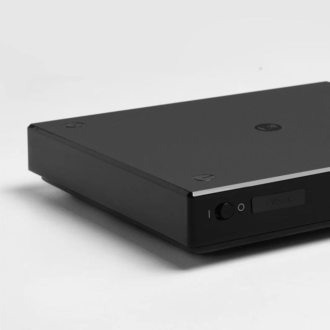 Black electronic device on a light gray background
